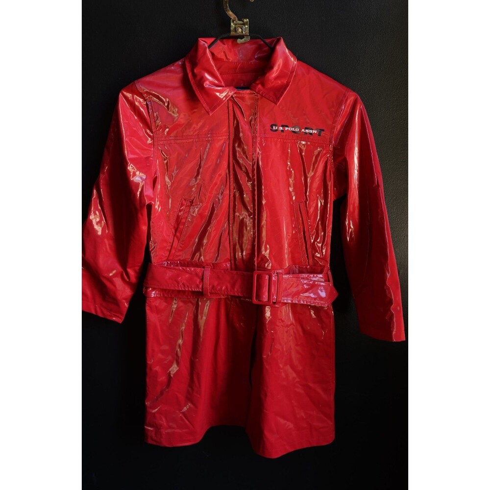 Vintage YOUTH U.S Polo Assn Red Shiny Vinyl Belted Red Raincoat Small
